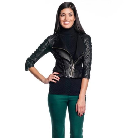 Catherine Malandrino 123JL03 Jacket Noir Cropped Lambskin Leather Black Stud NEW - Picture 6 of 14